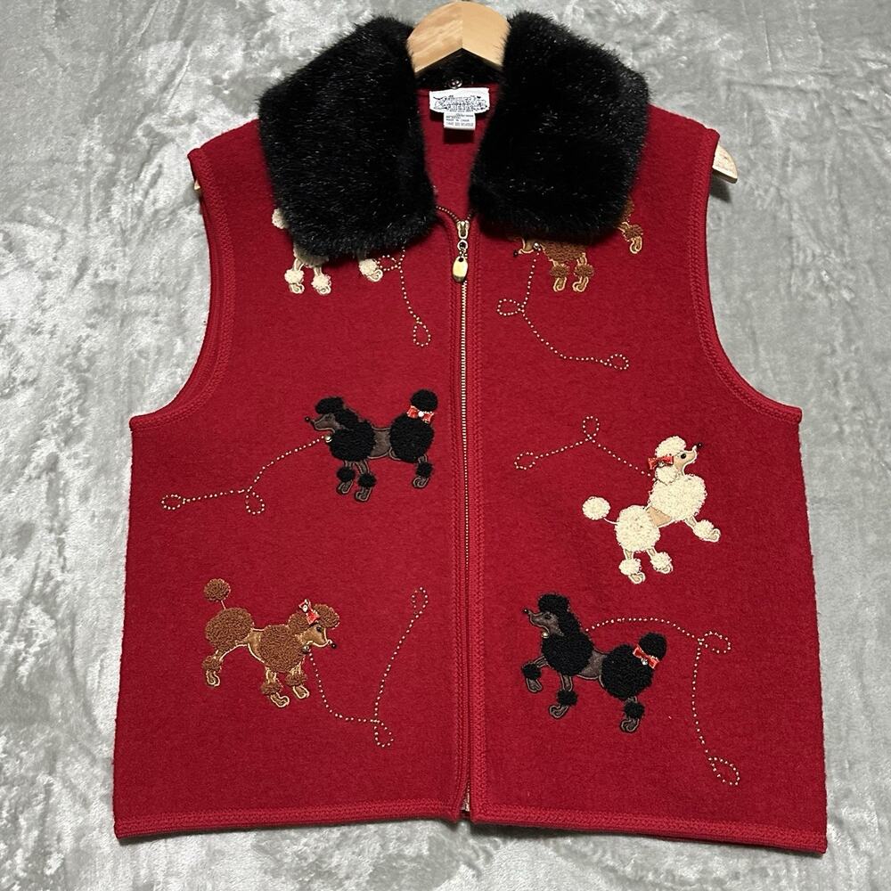 Vintage 100% Boiled Wool Novelty Poodle Zip Up Vest Size L Red Faux Fur Twee EUC